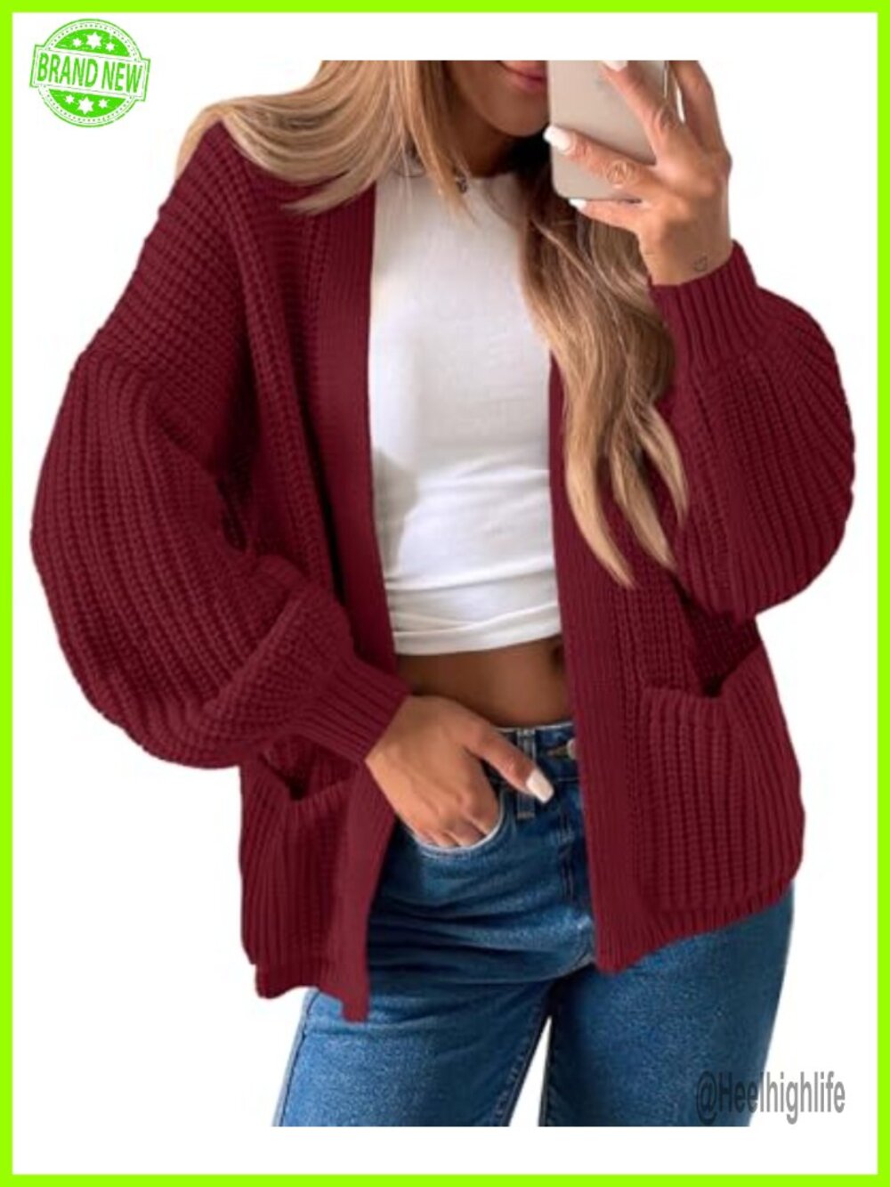 Oversized Ribbed Chunky Knit Cardigan Lantern Sleeve Open Front Sweater